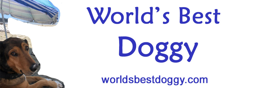 Title header shows a cute pup under an umbrella at the right side of the image, then the words, World's Best Doggy,
	with the website along the bottom of the image - worldsbestdoggy.com.